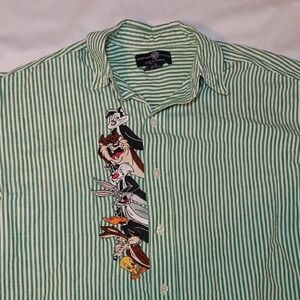Mens Warner Bros. Vintage Looney Tunes Embroidered Striped Button Down Shirt